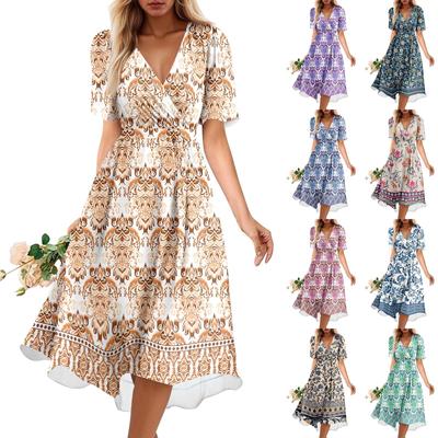Vestido Feminino de Verão Solto com Decote V e Manga Curta, Vestido Elegante
