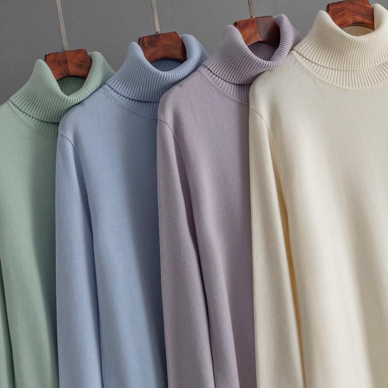 Women's Knitted Long Sleeve Dress Turtle Neck Rib Sundresses Casual Solid Color Sweater Suit