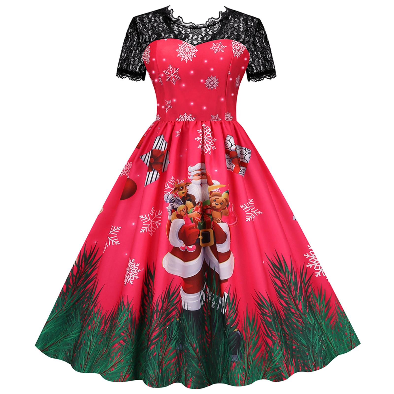 

Women s Fashion Christmas Casual Slim Short-Sleeved Lace Splicing Print Hem Dress XXL