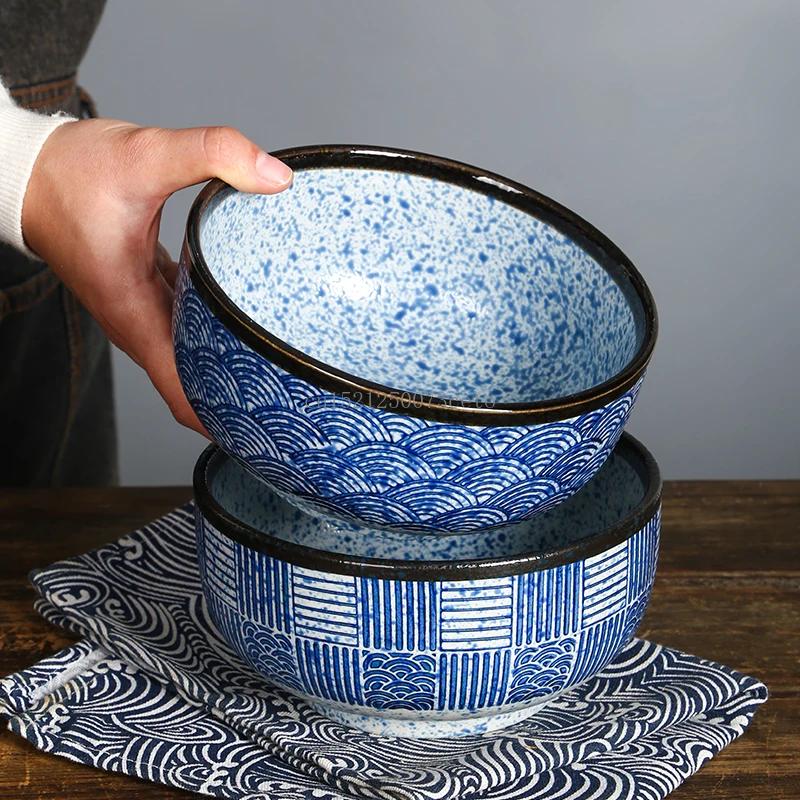 6.1-inch Japanese style minimalist wave patterned ceramic bowl Hand painted household Lamian Noodles bowl Large rice bowl
