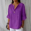 Women's 2025 Summer V-Neck Cotton Linen Button T-Shirt: Loose Fit