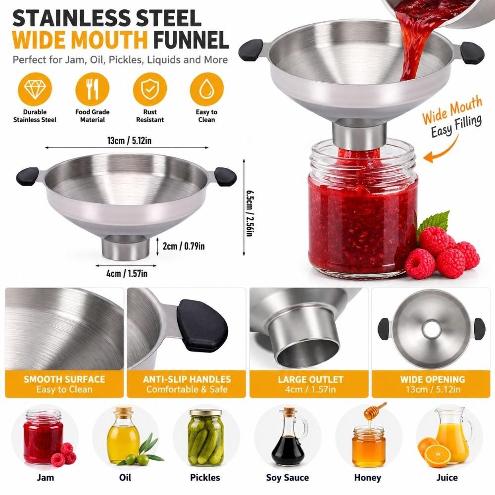 Stainless Steel Wide Mouth Funnel Dual Handles Kitchen Funnel Durable Canning Funnel  Kitchen