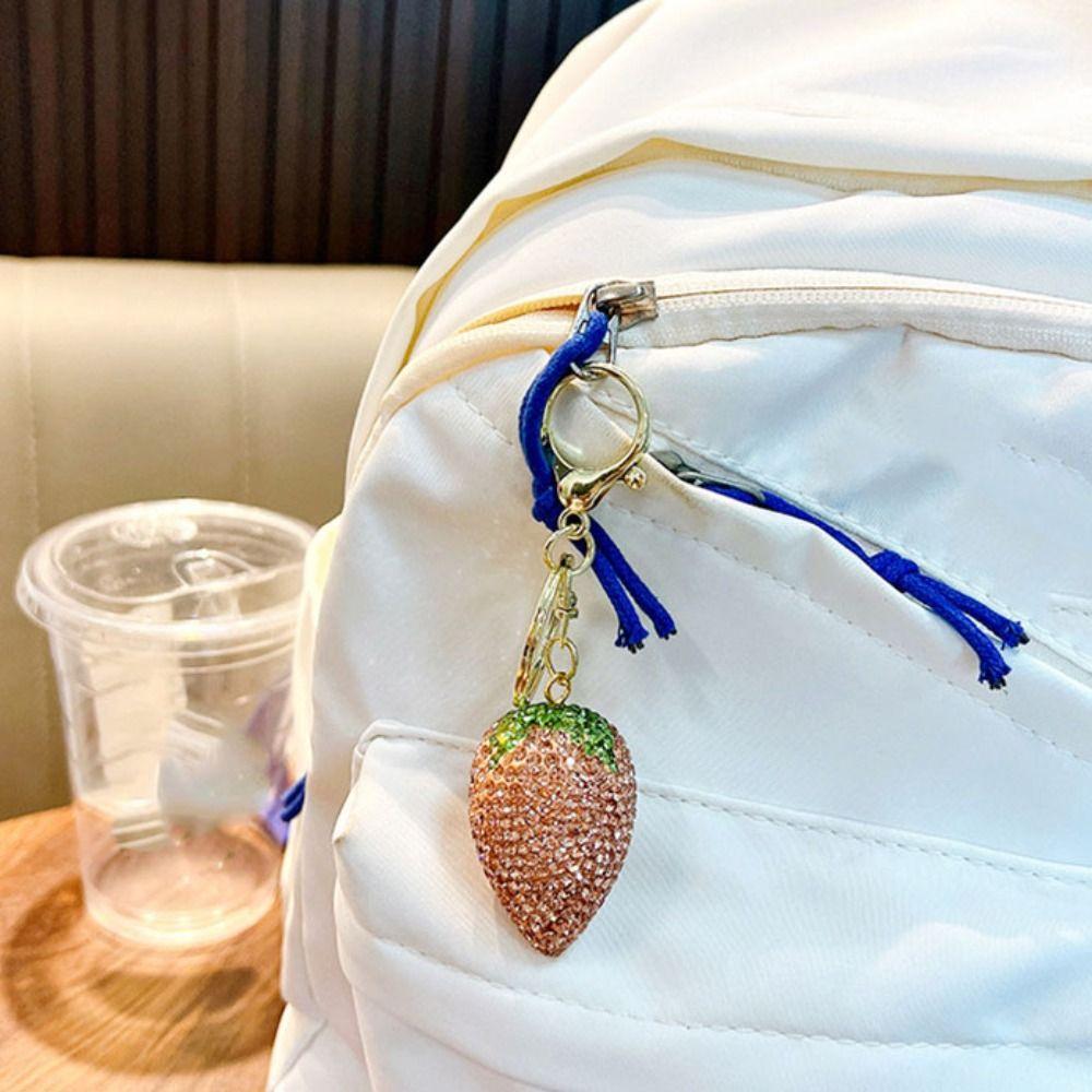 Crystal Rhinestone Pendant Metal Car Keyring Sweet Strawberry Rhinestone Keychain  Women Girl