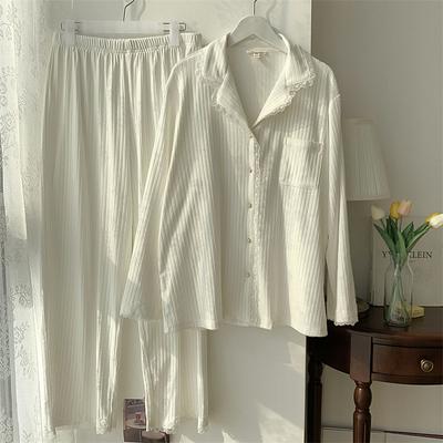 High Quality White Pajamas for Women Sweet Lace Cotton Sleepwear Set Long Sleeve Autumn Winter Home Wear Pijamas Suit