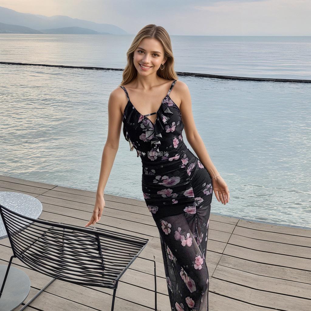 Styl wakacyjny na plażę Lato Halter Top Kwiatowy Wzór Letnia Torba Sukienka na biodra dla Kobiet