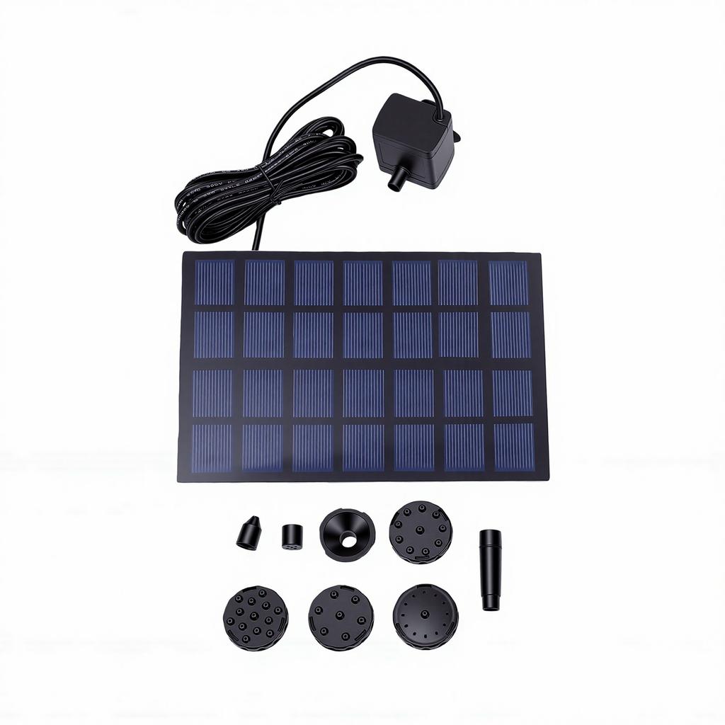 Solar Square Fountain Quiet Weather Proof 2W Solar Fountain Pump with Separate Solar Panel Extension Cord 5 Nozzles for