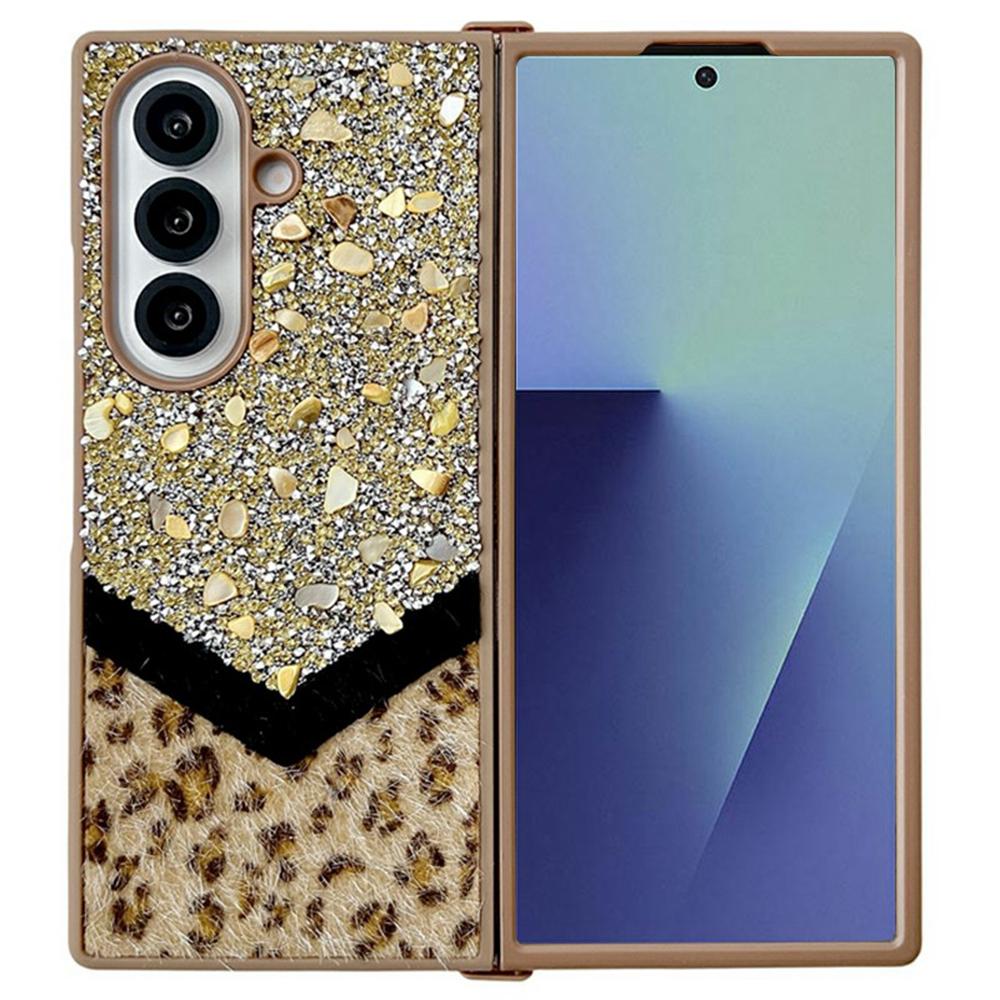 For Samsung Galaxy Z Fold7 5G Case Stone Decor Glitter Leopard Splicing Plush PC Phone Cover