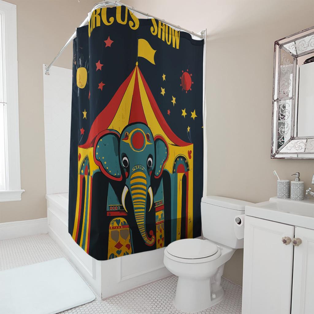 Vintage Circus Show Elephant Shower Curtain, Retro Carnival Tent Stars Bathroom Decor, Colorful Whimsical Fabric Bath Curtain