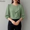 Women Casual Round Neck 3/4 Sleeve Loose Elegant Blouse