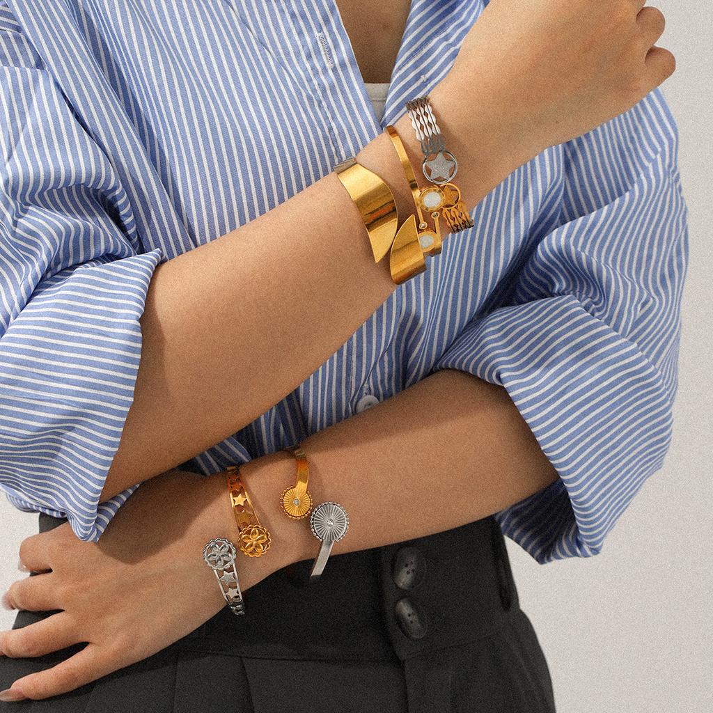 Gold and Silver Two-tone Stainless Steel Star Bangle, Instagram Style Wide Band Titanium Steel Open Bracelet