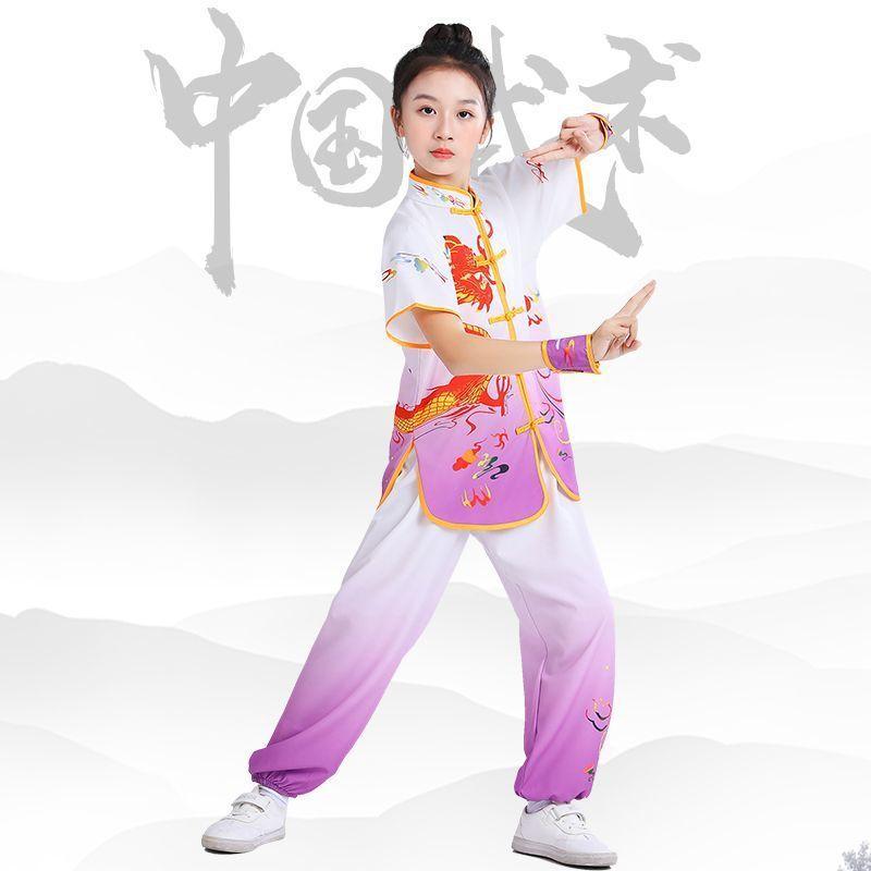 

Детский костюм для выступлений по боевым искусствам, одежда для выступления на соревнованиях по игре на барабанах, костюм для соревнований по китайскому кунг-фу, тренировочная одежда для практики, костюм для тайцзи Short-sleeved purple Suit 100cm