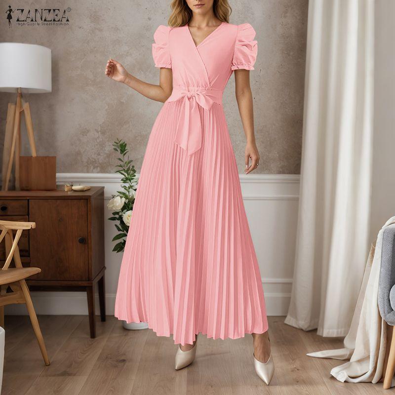 ZANZEA Women Casual V-neck Puff Short Sleeve Summer Long Dress