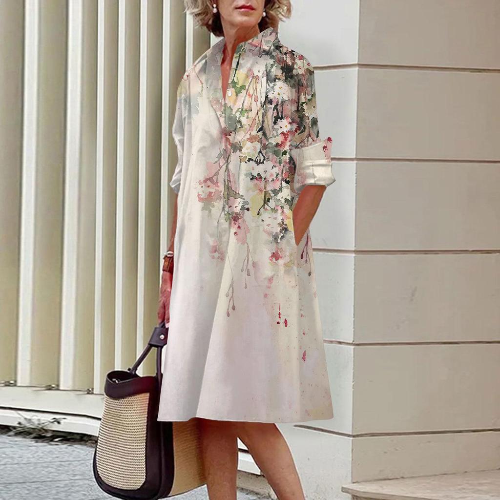 2023 Retro Kwiecista Jednorzędowa Sukienka Koszulowa dla Miejskich Kobiet