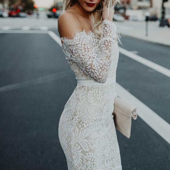 Sexy Frauen Langarm Off Schulter Spitze Meerjungfrau Cocktail Hochzeit Bodycon Kleid
