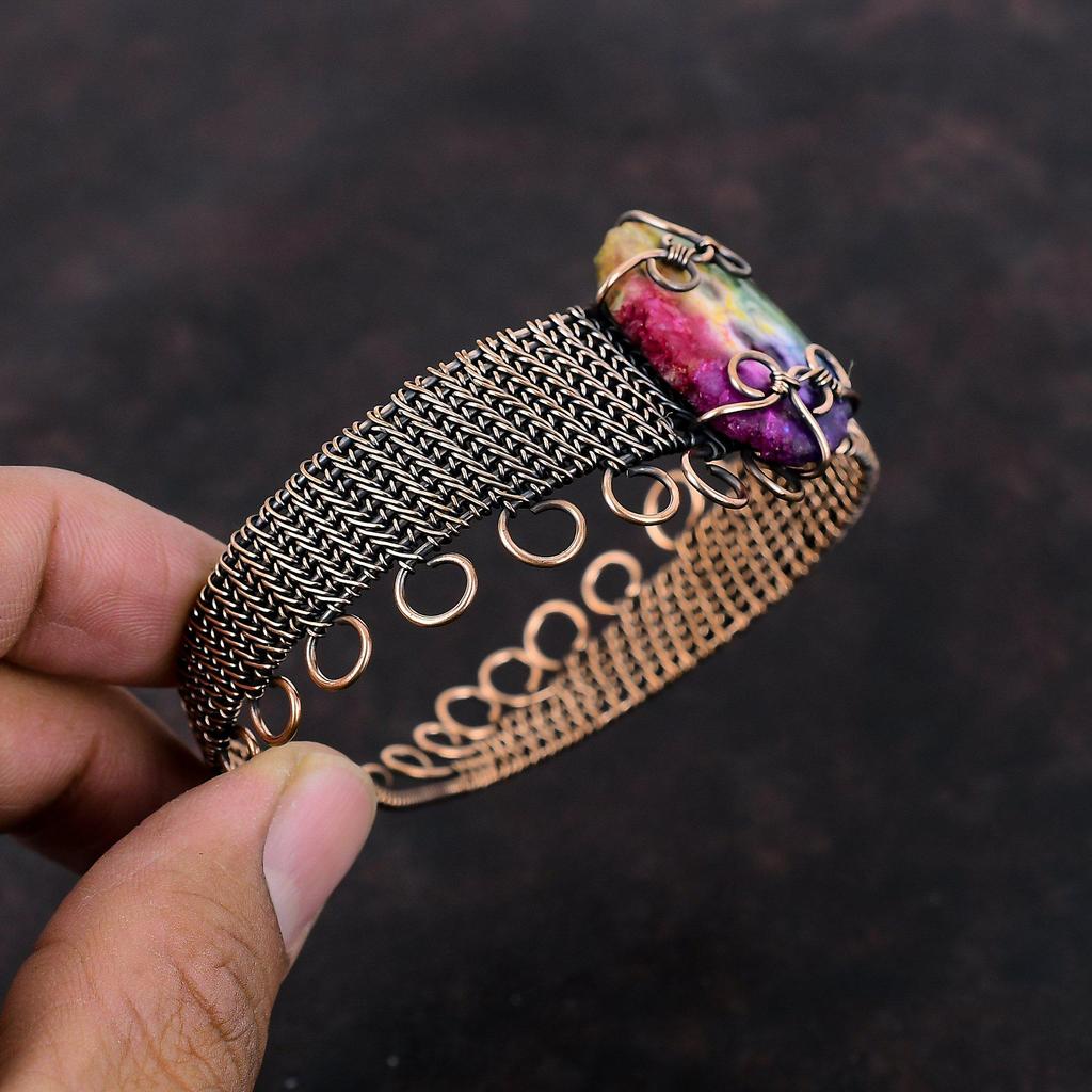 Rainbow Solar Quartz Druzy Bangle Copper Wire Wrapped Cuff Bracelet Adjustable Gemstone Bangle Handmade Bracelet Copper Jewelry Gift For Him
