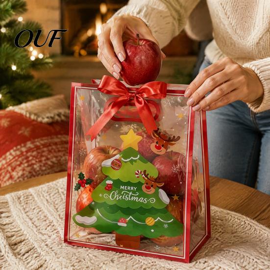 Seasonal Souvenir Gift Pouches Christmas Bags with Handles, Reusable Clear PP Treat for Eve Candy Apples Cookies, Holiday Party Favor Packaging Ribbon
