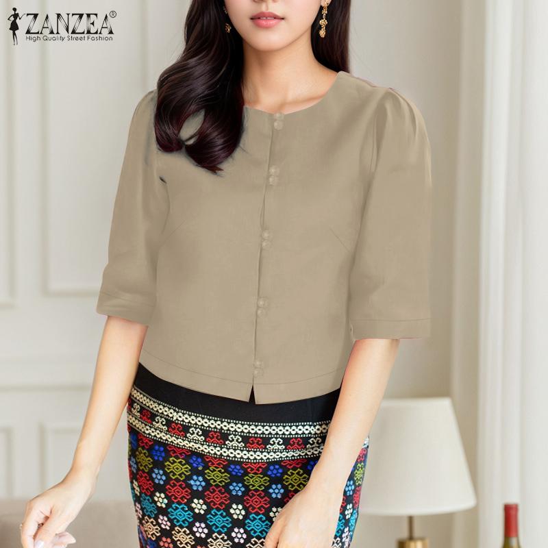 ZANZEA Women Casual Round Neck 3/4 Sleeve Summer Plain Blouse