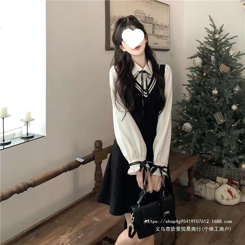 Autumn college style long-sleeved dress splicing contrasting color fake two pieces showing thin age-reducing collar skirt women