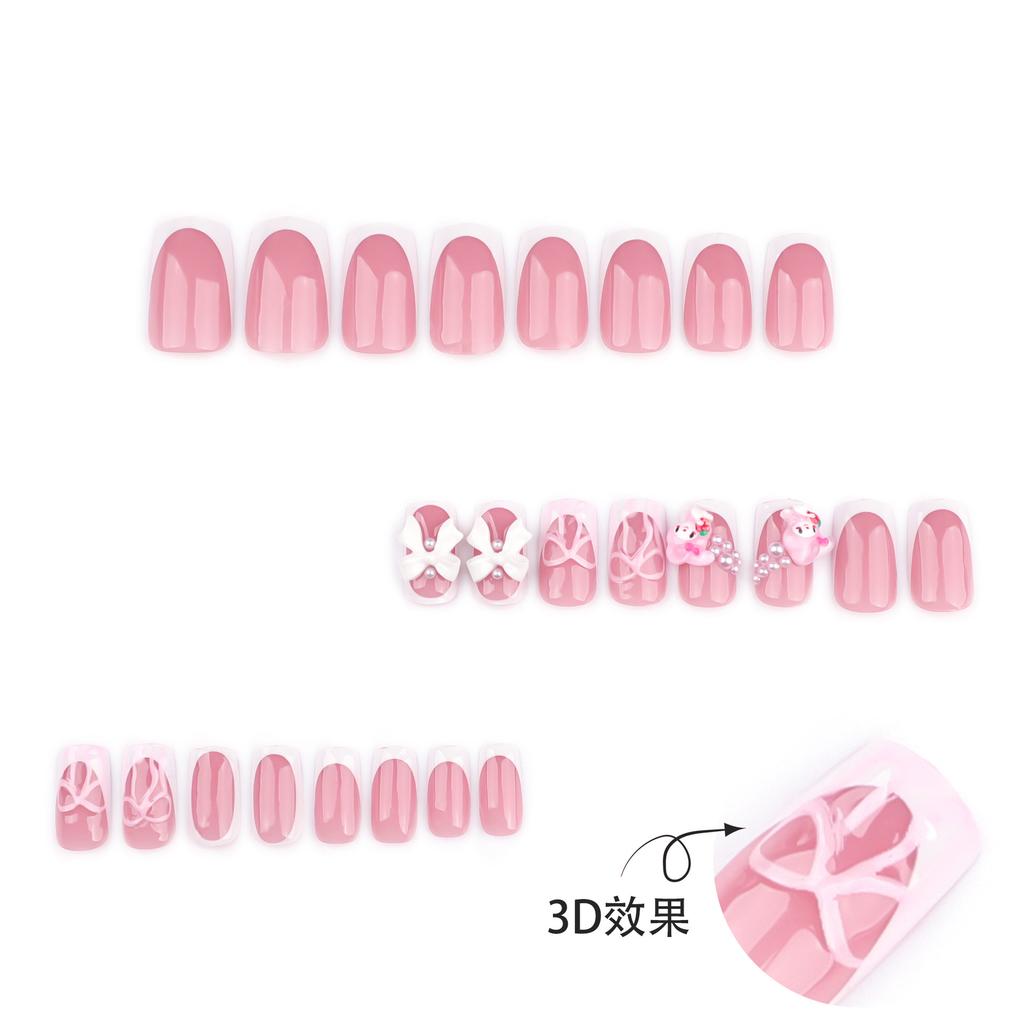 Sweet Pink French White Edge Wearing Nail Three-dimensional Bow Fake Nail Short Square Manicure Nail Piece