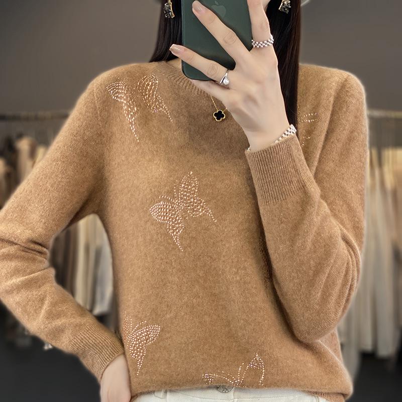 Butterfly Rhinestone Crew Neck Casual Spring Sweater for Women