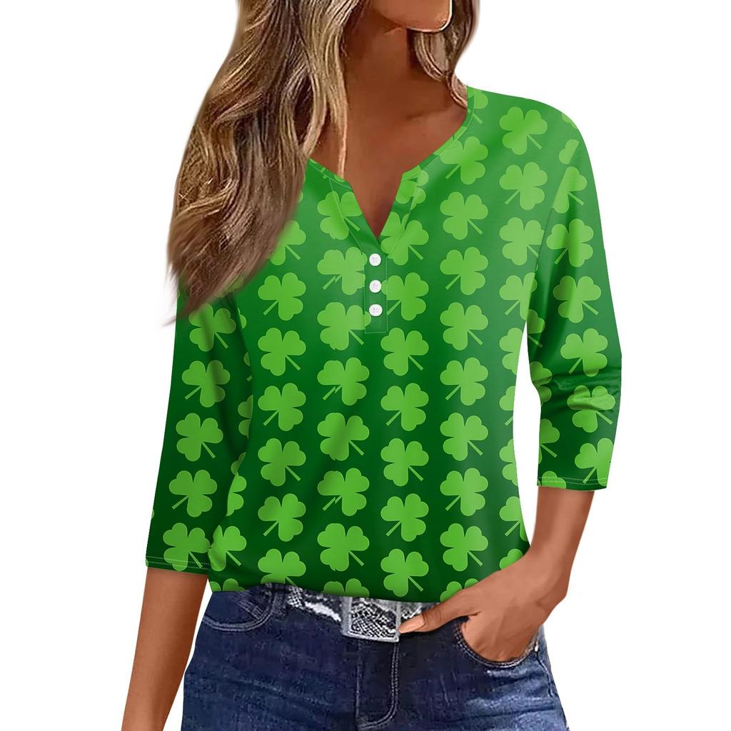 Damen T-Shirt mit Aufdruck „Saint Patrick's Day“ und Knopfleiste, 3/4-Ärmel, für den Alltag und das Wochenende, modisch, Basic, V-Ausschnitt, normales Oberteil