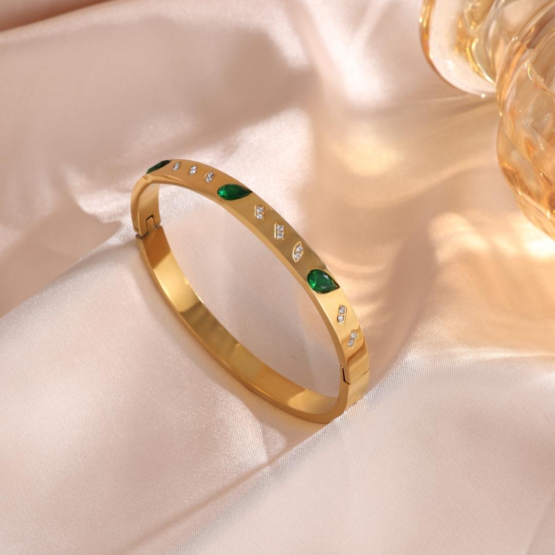 

Htpwe Браслет из нержавеющей стали с инкрустацией цирконием, глянцевый, женский, золото 18 карат, парный, праздничный подарок, браслет для вечеринки, циркон 50-60mm зелёный