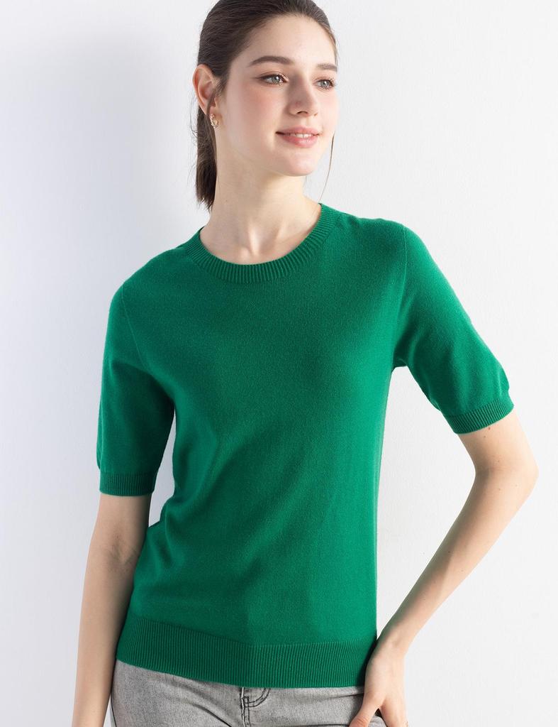 Women's Wool Knit Round Neck Short Sleeve Pullover Top