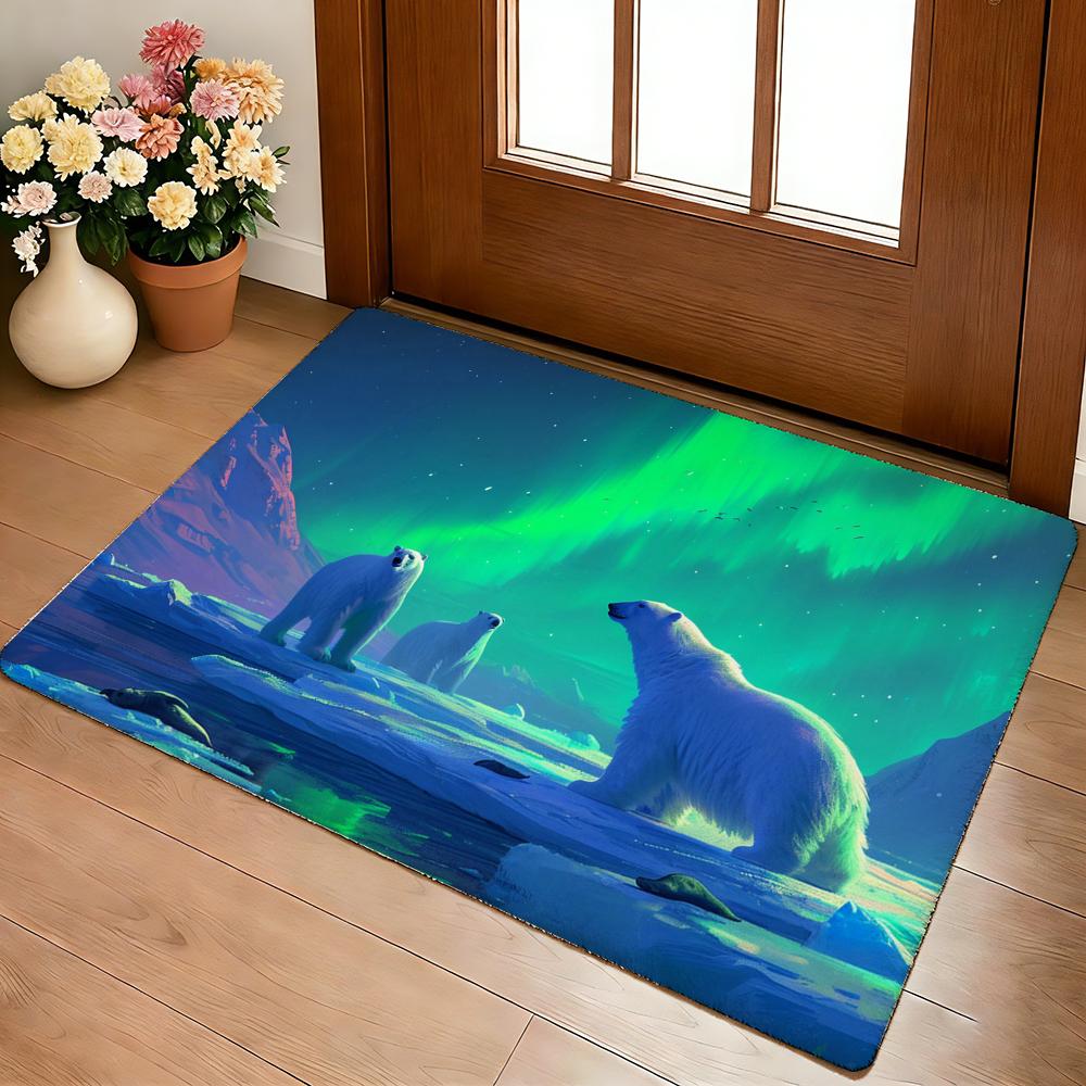 Polar Bear With Northern Lights Floor Mat Cozy Flannel Soft Thick Non-Slip Mat For Living Room Bedroom Kitchen Decor Rugs