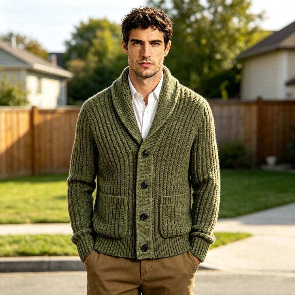 Cardigan a coste da uomo con scialle, monopetto, maglione spesso a maniche lunghe