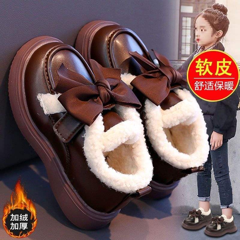 Girls cotton shoes leather shoes 2025 winter new girls velvet warm princess shoes children soft-soled beanie shoes