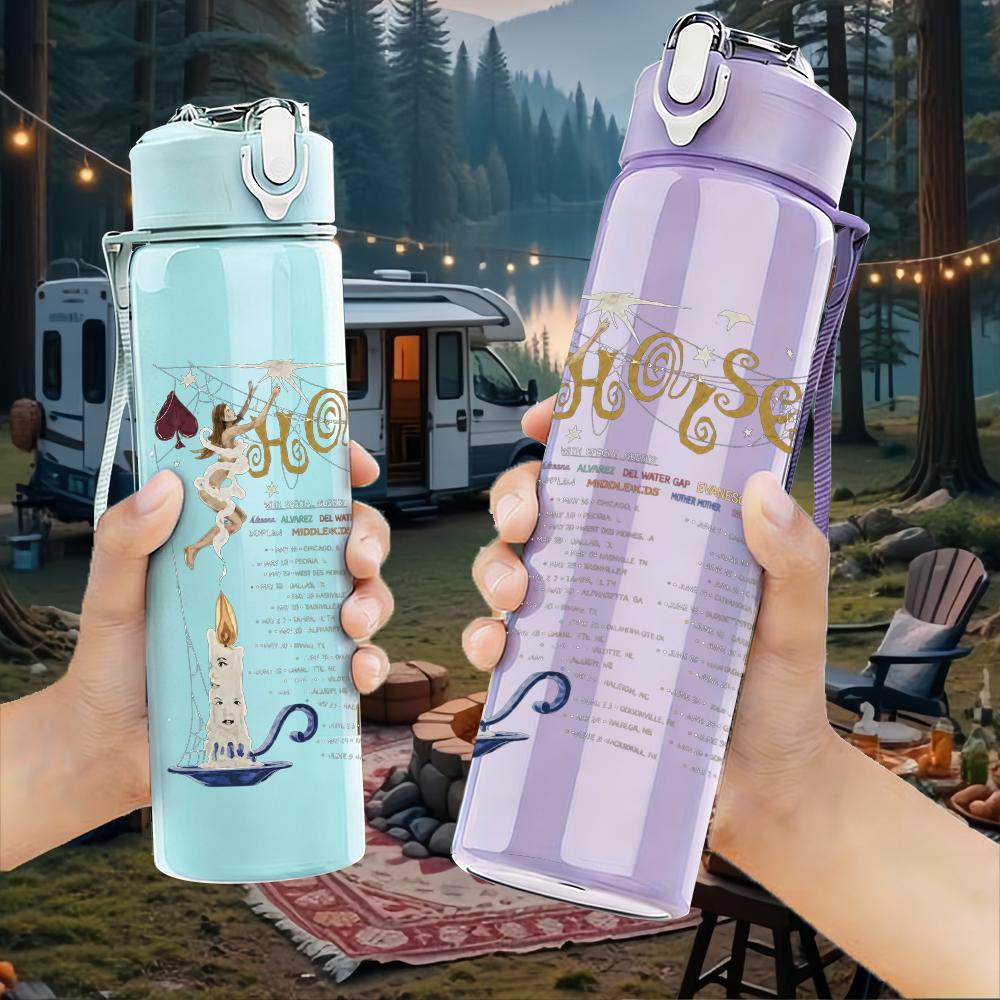 1PC Vintage candle manuscript text print 750ml colorful plastic sports water bottle leakproof pop up lid with straw for outdoor work home use