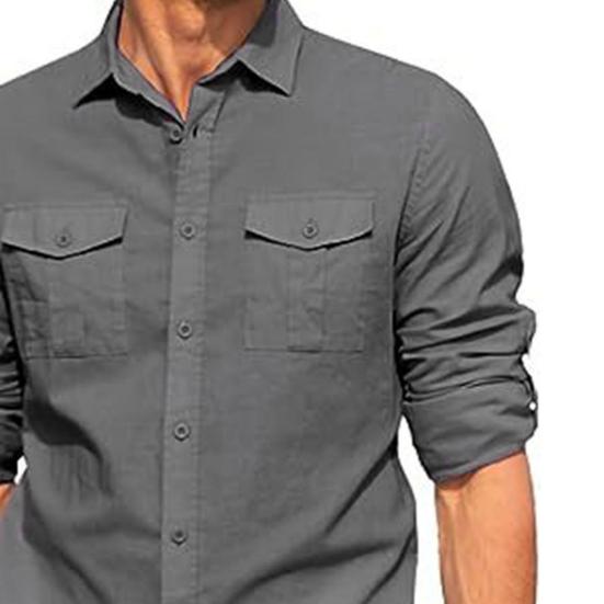Men Solid Color Casual Shirt Lapel Long Sleeve Flap Pockets Single Breasted Shirt Loose Fit Tops Workwear