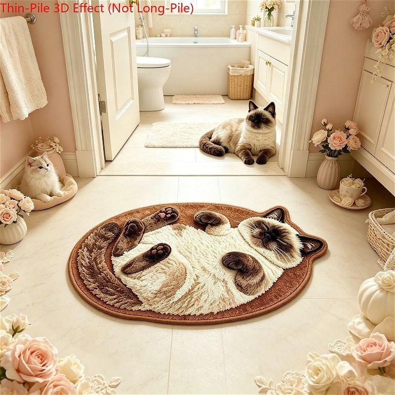 Shaped Lying Siamese Cat Floor Mat Thin‑Pile 3D Visual Effect Non‑Slip Rug For Bedroom Living Room Animal Home Decor