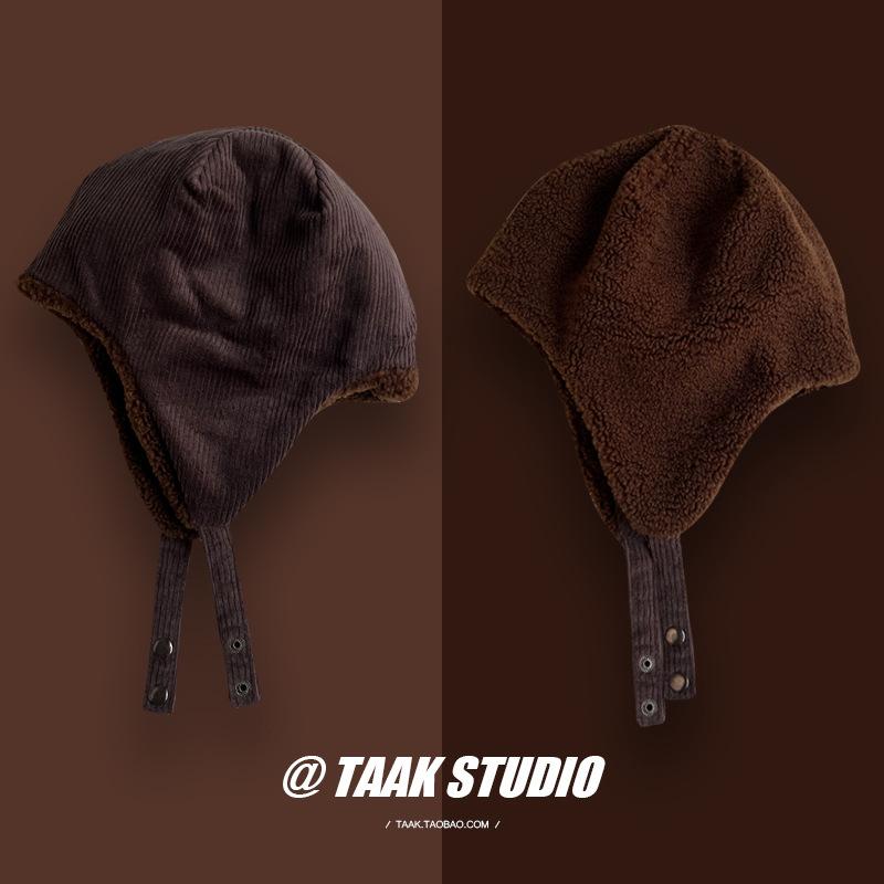 

Double-sided plush children winter plush warm corduroy ear caps ski flying caps tide M（56-58cm） темно-коричневого кольору
