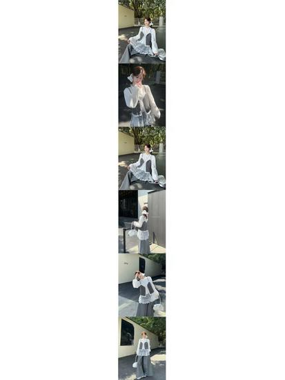 Spring/Summer 2025 Lace Patchwork Ruffle Trim Set: Stand Collar Camisole, Shirt, and Casual Pants for Women.