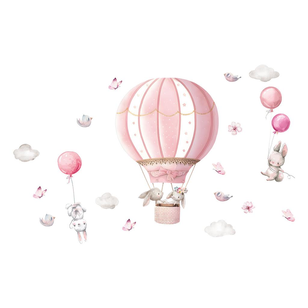 Cartoon Cute Rabbit Hot Air Balloon Clouds Large Wall Stickers for Kids Room Living Room Nursery Decoration Children Wall Decals