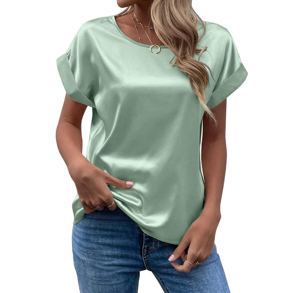 Summer Satin Round Neck Shirt Temperament Solid Color Women’s Blouses & Shirts