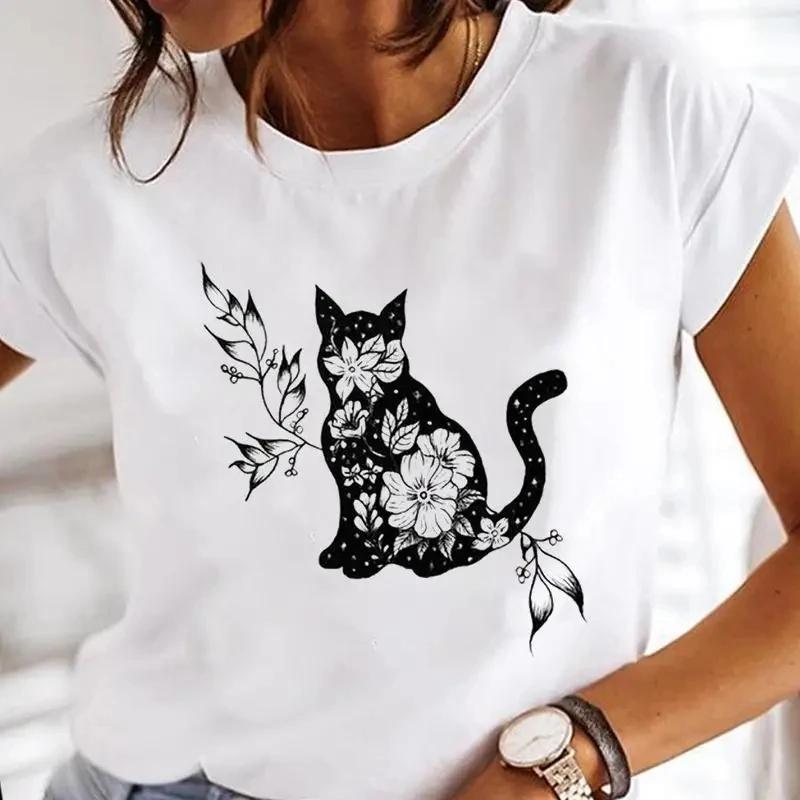 T-Shirt mit schwarzem Katzenaufdruck für Damen, weißes Kurzarm-Sommer-T-Shirt mit niedlichem Muster, Sommer-Casual-Weißes T-Shirt, grafische T-Shirts