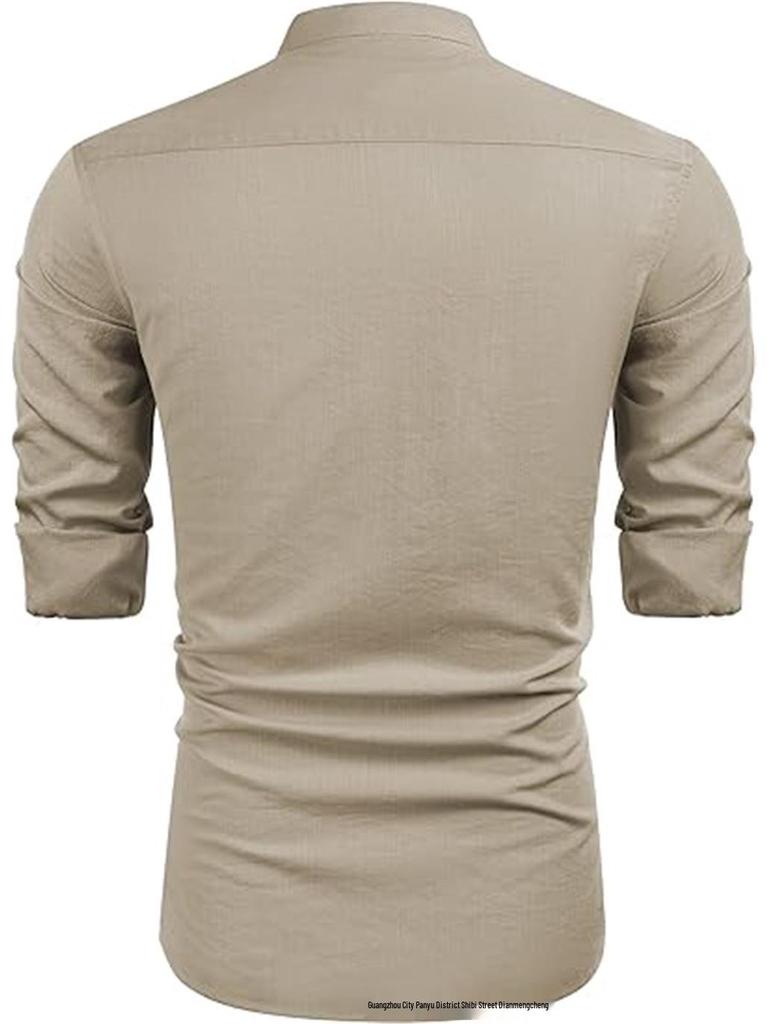 Men's Casual Cotton Linen Stand Collar Shirt - European & American Style for Summer Beach Vacation 2023