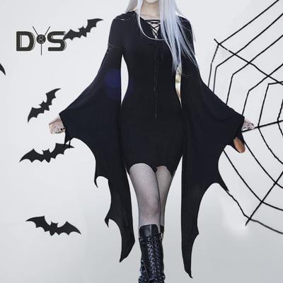 Halloween-Kleid, lange Fledermausärmel, einfarbig, dunkler Stil, unregelmäßige Manschette, Schnürung, Etuikleid, schmale Passform, über dem Knie, Halloween-Party, Cosplay-Kostüm