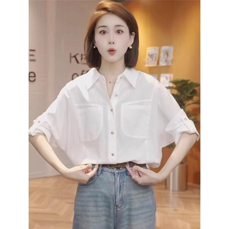 Women Summer Casual Pocket Elbow Sleeve Button Down Loose Blouse S