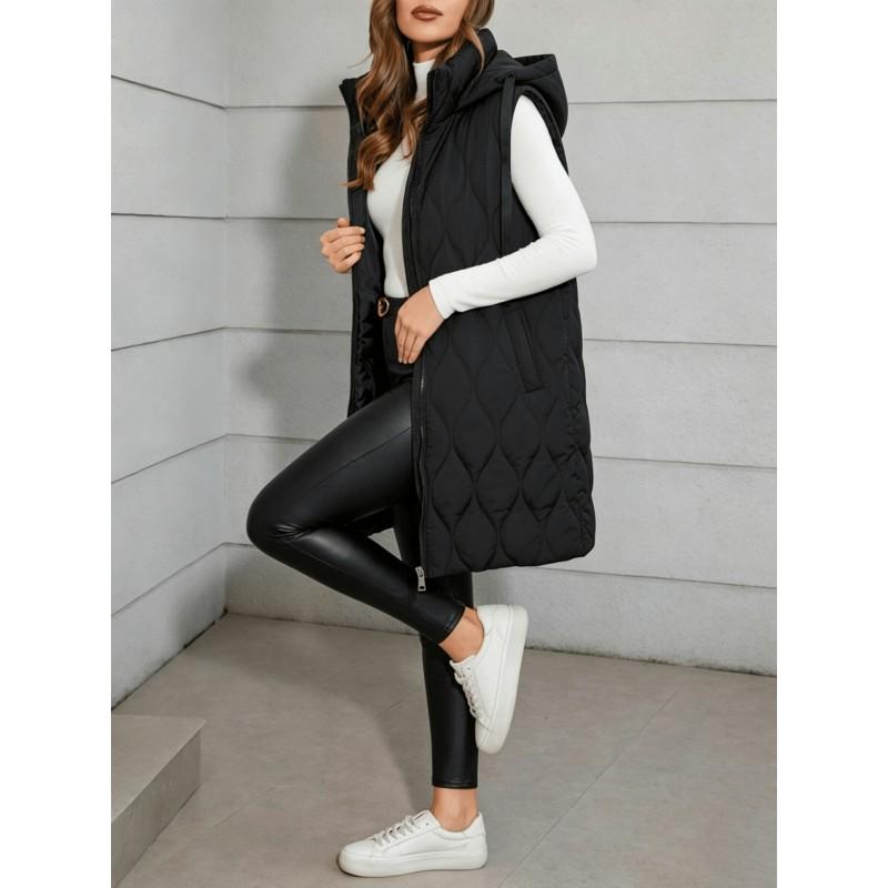 Womens Hooded Quilted Mid-Length Cotton Vest Loose Warm Zipper Outerwear Fall 2026