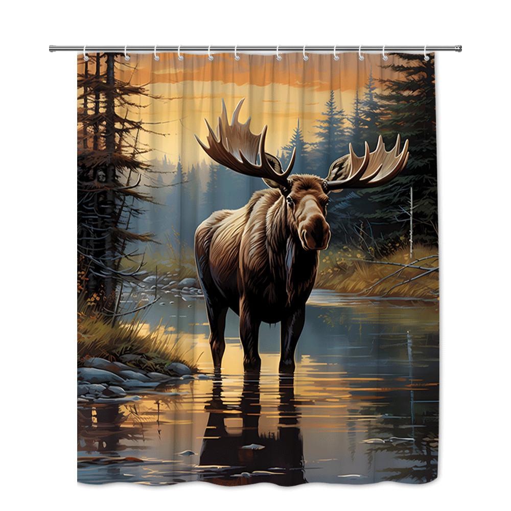 Moose In Forest Shower Curtain Wildlife Scene Sunset Lake Nature Art Decor Rustic Bathroom Design Waterproof Simple Installation