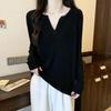 2025 Autumn V-Neck Knitted Sweater for Plus Size Women - Slimming, Long Sleeve, Korean Style