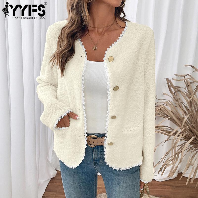 YYFS Women's Fashion Casual Solid Color Print Autumn Winter Long Sleeve V-Neck Jackets & Coats