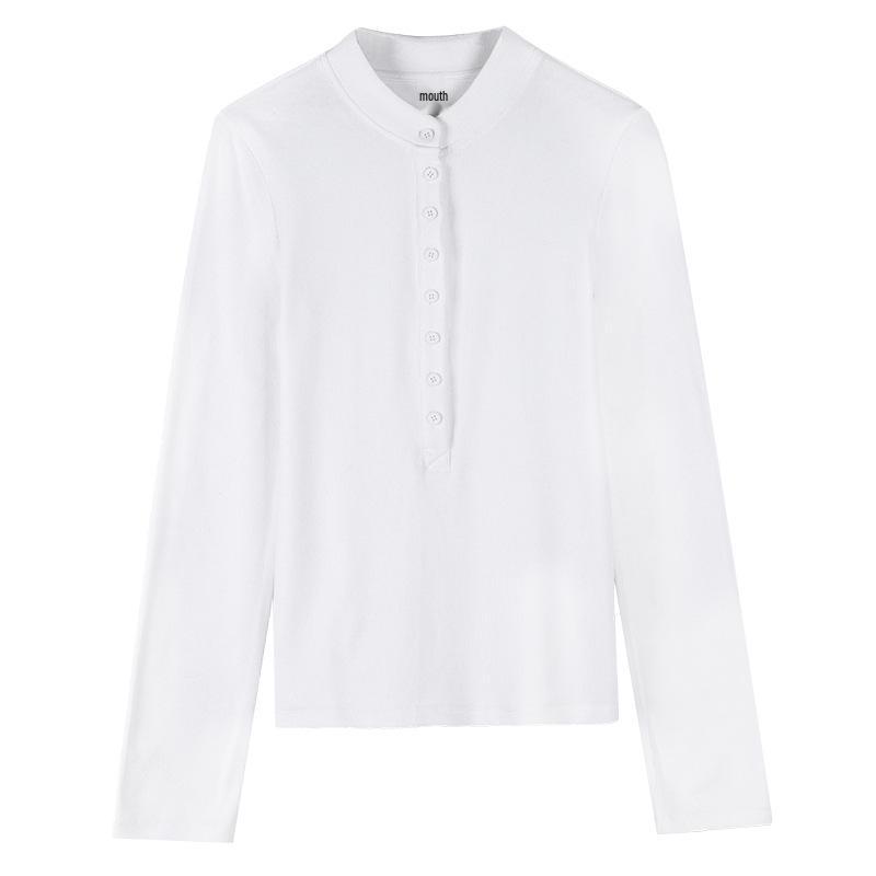 2025 Autumn Women's Long Sleeve Henley Top - Slim Fit Knit with Button Detail