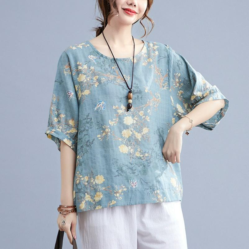 Cotton and Linen Plus Size Women's Literary Retro Loose Printed T-shirt Summer Round Neck Short-sleeved Belly-covering Casual Top