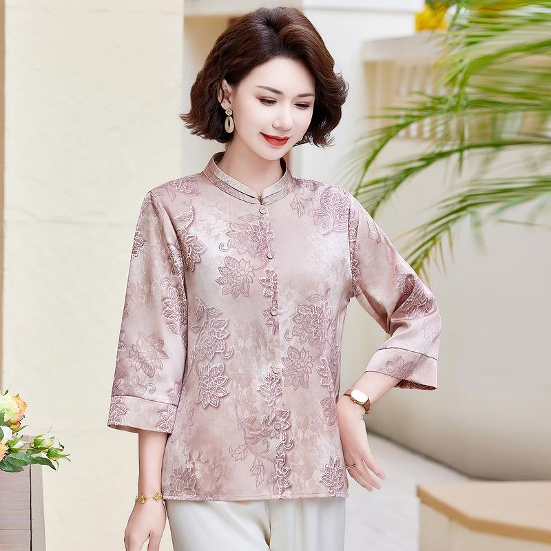 

Elegant Chinese-Style Printed Summer Shirt for Moms - Fashionable Seven-Sleeve Top, Loose Fit, Middle-Aged Women s Clothing. 2XL (for 50-57.5 kg) розовый
