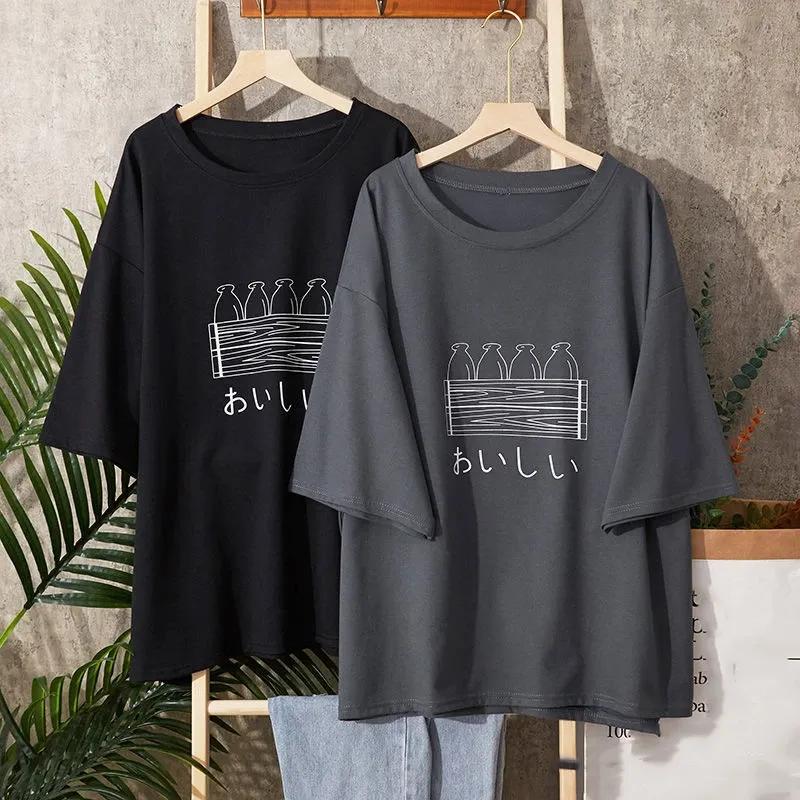 T-shirt Women Cotton Summer Casual Large Size Loose Round Neck Pullover Short-sleeved Tops