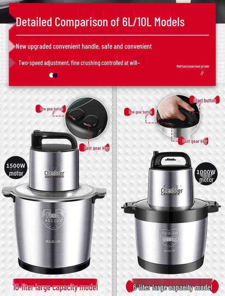 Elektrische Fleischwolf & Edelstahl-Gemüseschneider, 10L/6L Große Kapazität, für Teigtaschenfüllung, Chili, Knoblauchpaste und Kartoffelstampfer-Funktionen.